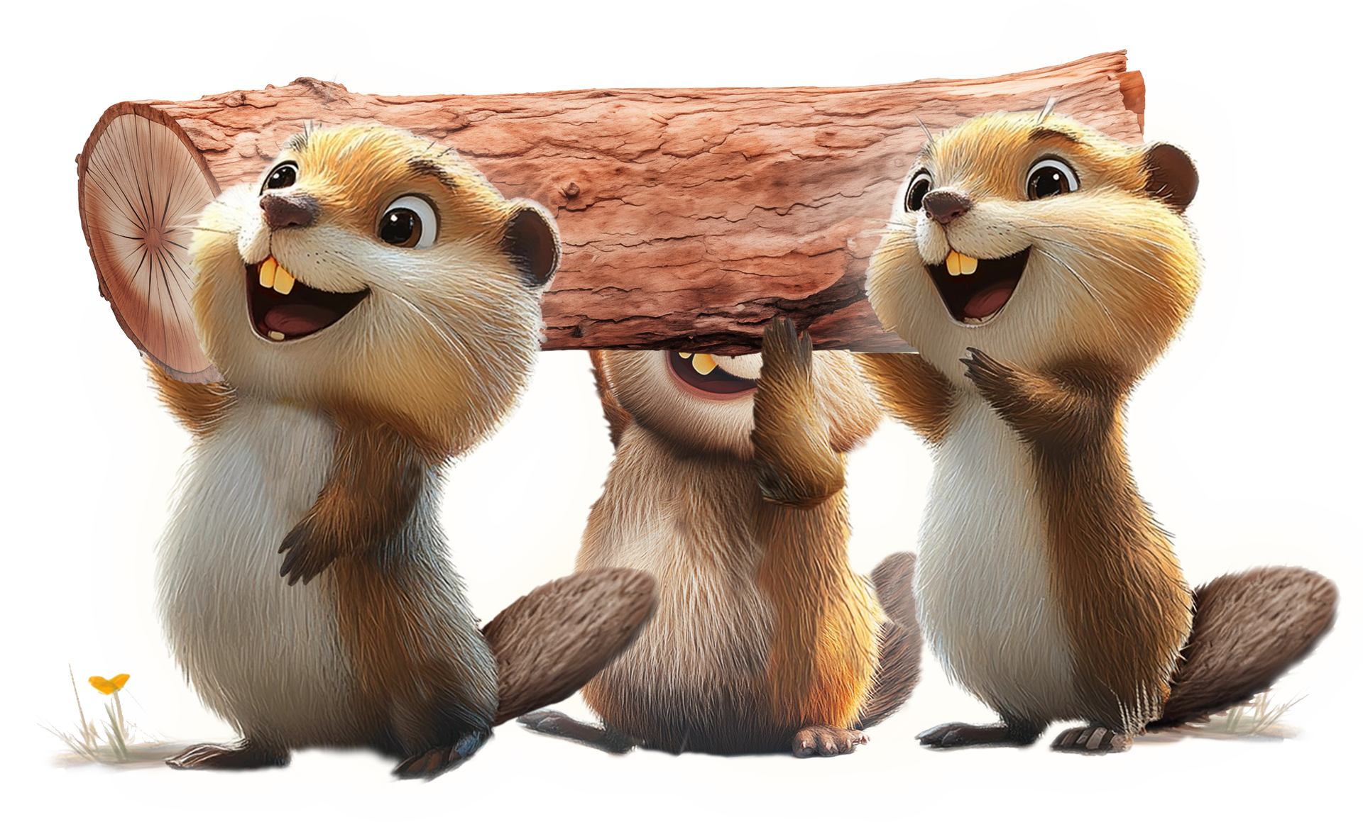 Group of friendly beavers working together to carry a heavy tree trunk